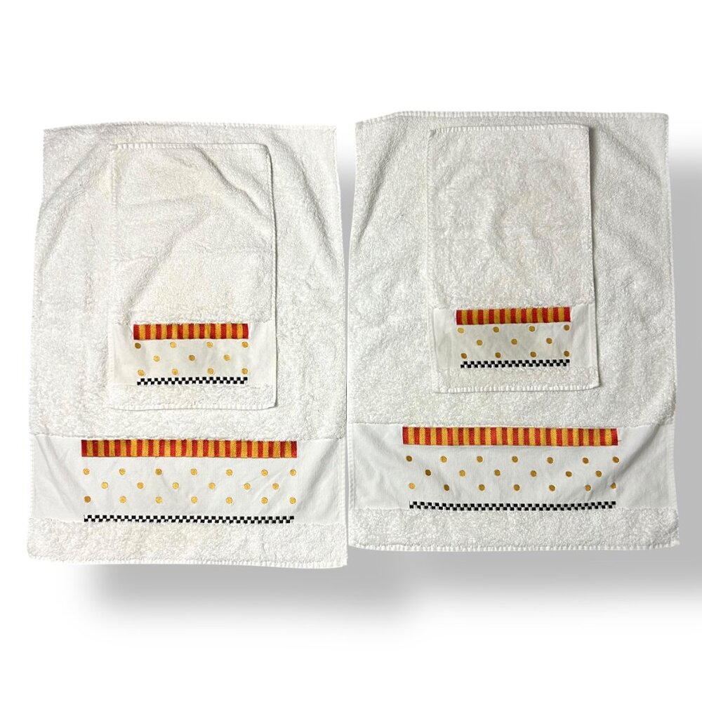 MacKenzie Childs Towel Set: 2 Bath Towels, 2 Washcloths Embroider Courtly Check - Picture 2 of 4